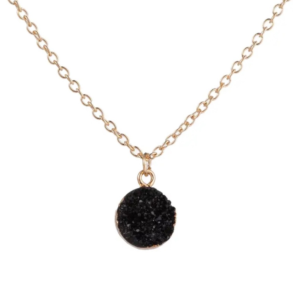 Gold Chain Necklace with Black Druzy Pendant